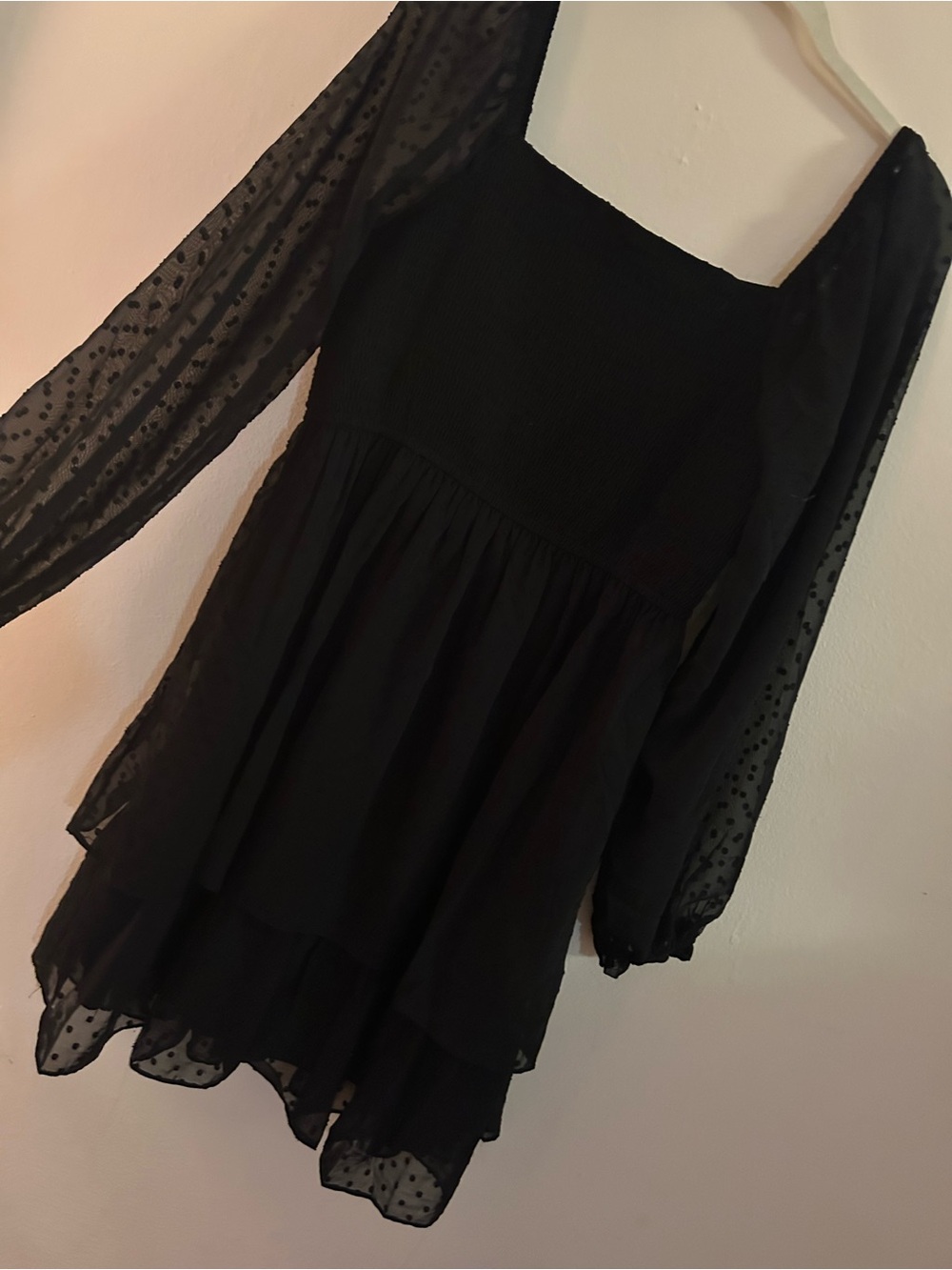 Rewind Black Smocked Square Neck Puff Sleeve Tunic Dress